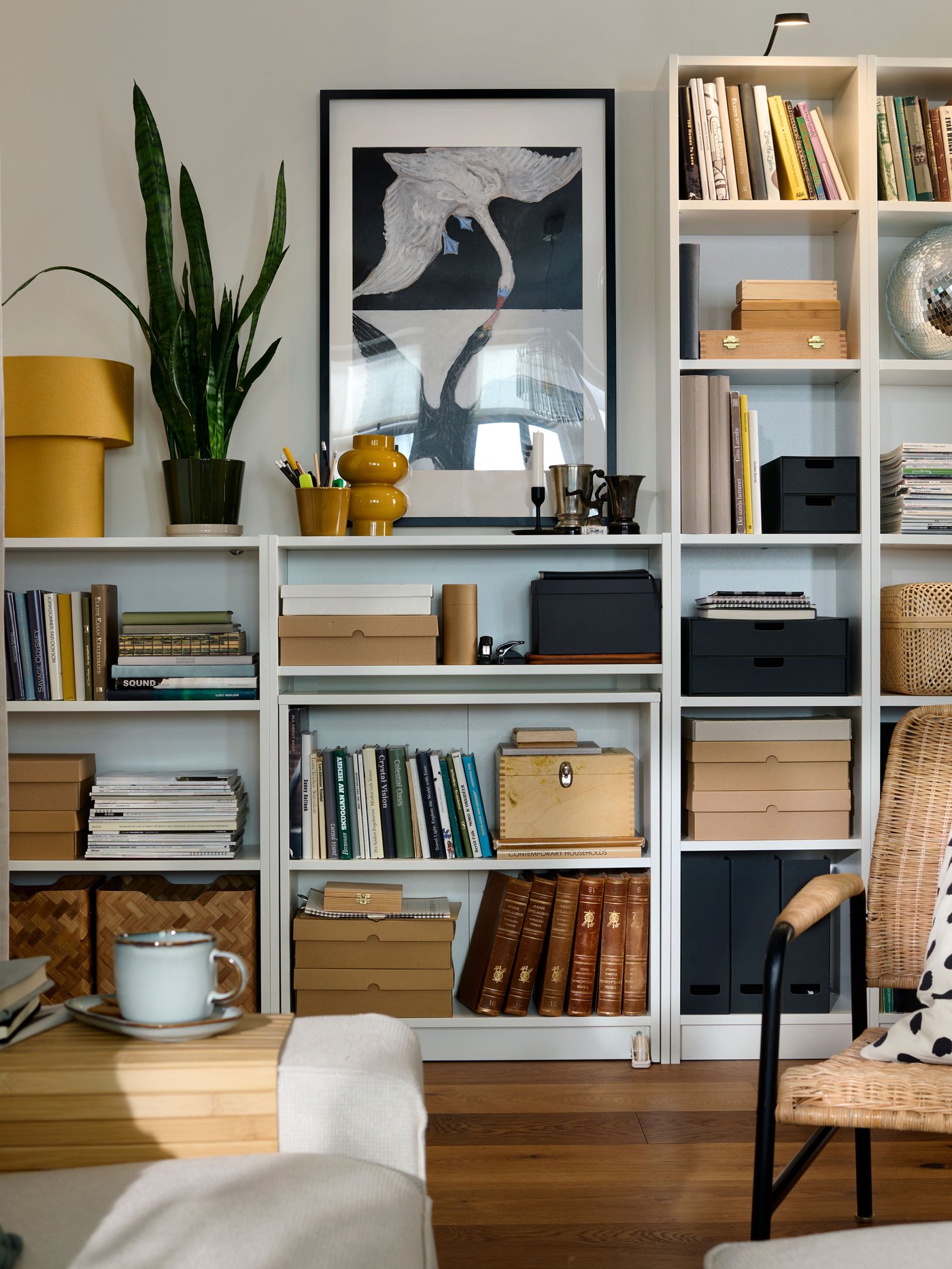 A white BILLY bookcase in the living room