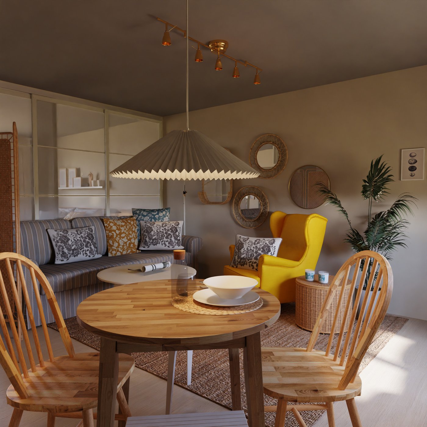 Esstisch aus Akazie mit passenden Stühlen und Wohnzimmer im Hintergrund