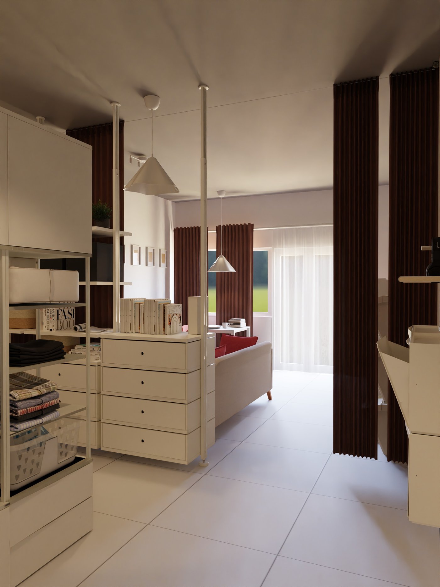 Blick Richutng Fenster mit dem Raumtrenner mit Schubladen nd Böden.