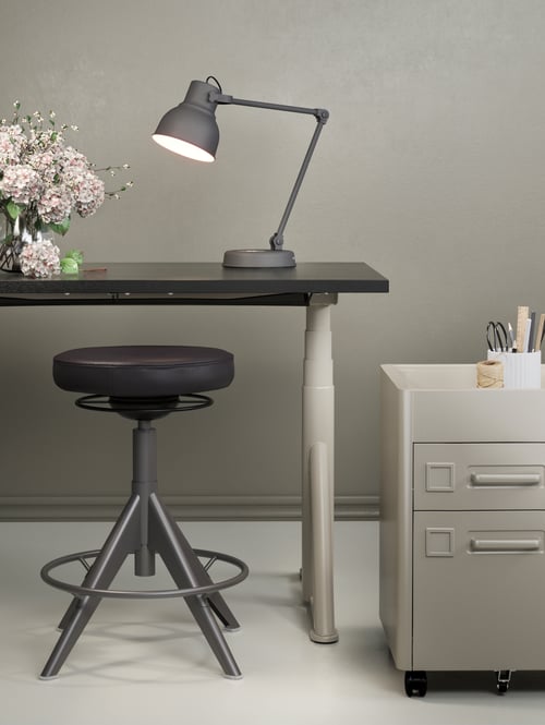 Arbeitsbereich mit IDÅSEN Schreibtisch, TROLLBERGET Stehstütze, IDÅSEN Schubladenelement, TERTIAL Arbeitsleuchte und Blumen in Vase.