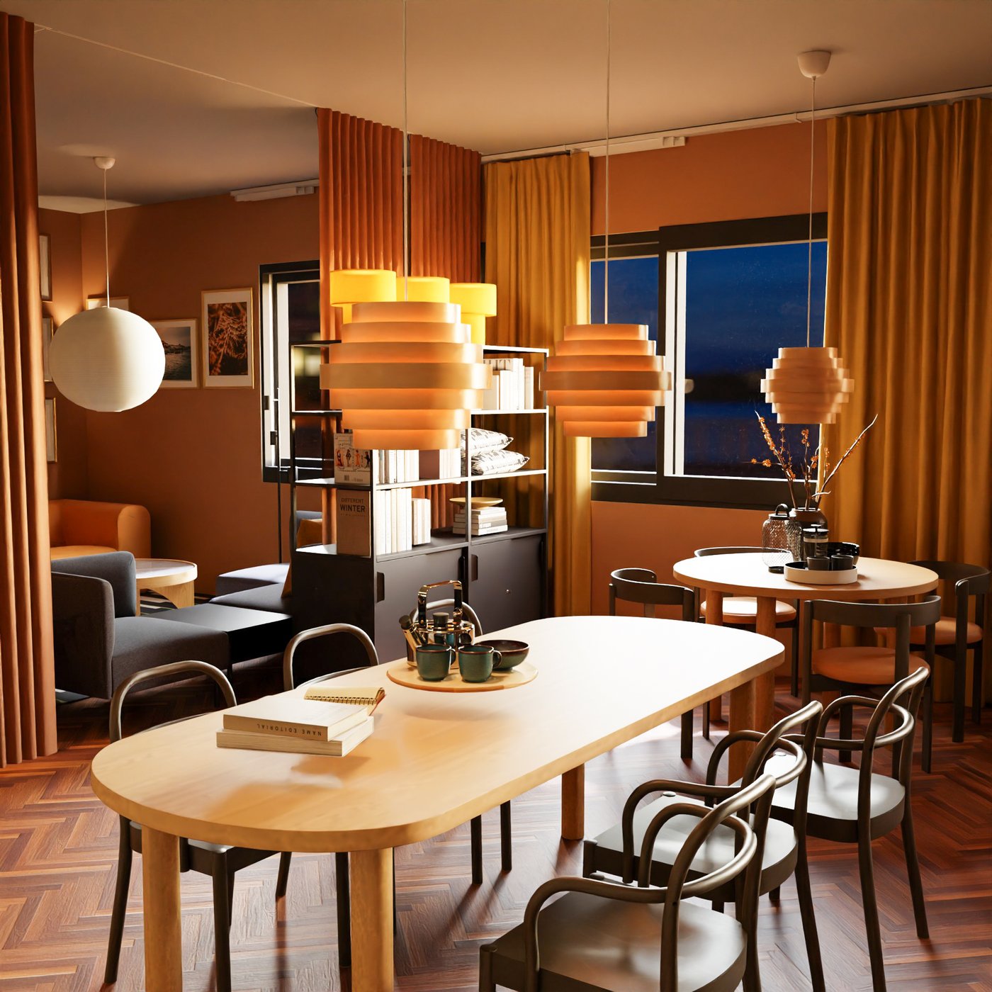 Teil einer Hotellobby. Zwei Essplatzgruppen. Im vorderen Bereich ein länglicher Tisch mit sechs Stühlen, dahinter ein runder Tisch mit vier Stühlen. Links vom runden Tisch ein regal mit teils offener und teils geschlossener Aufbewahrung.