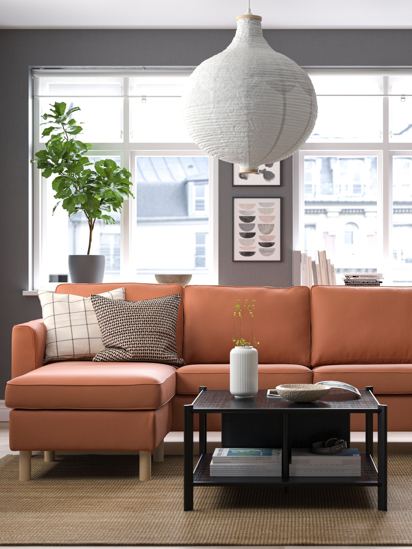 Ein rostfarbenes PÄRUP 3-Sitzer-Sofa mit Chaiselongue