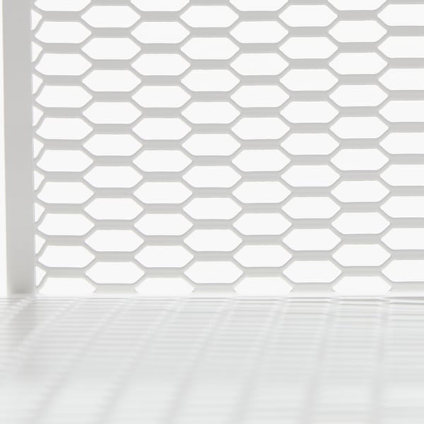 A close-up of the mesh material of the back panel of a BAGGEBO shelving unit. Part of a collage of images.