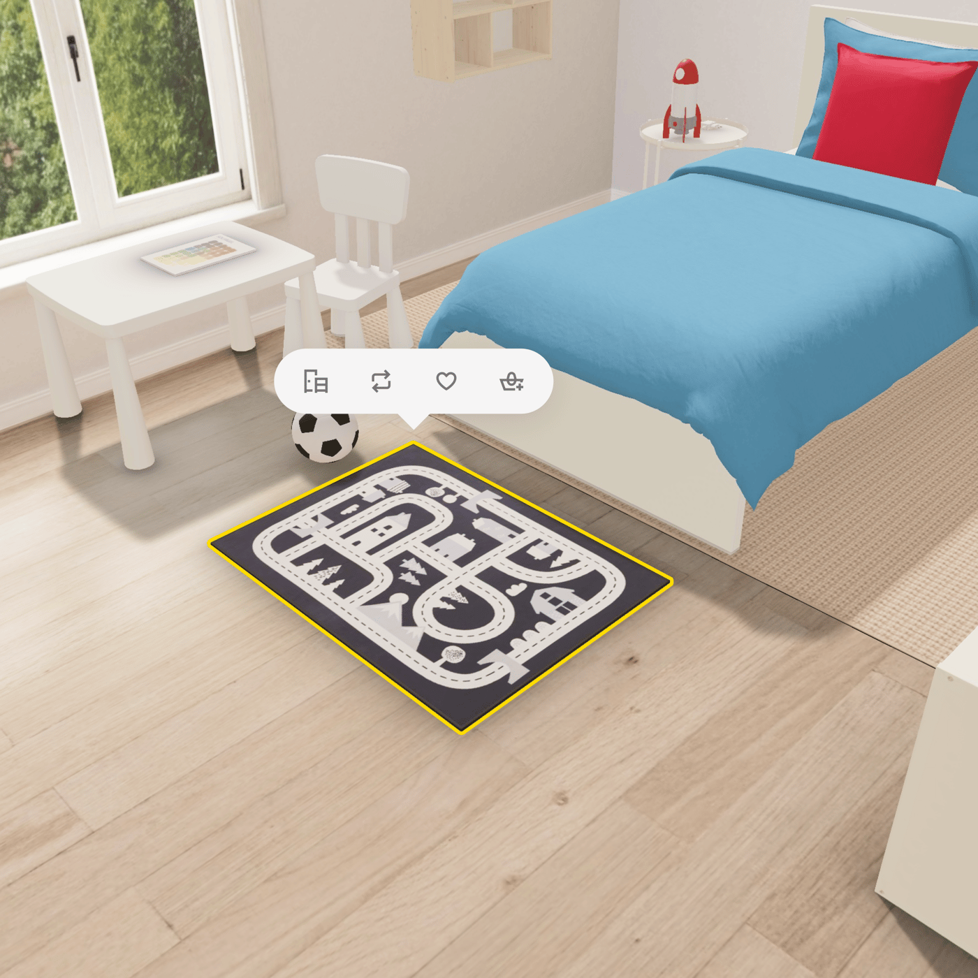 Et børneværelse optegnet med gule streger omkring for at vise planlægningsprogram.