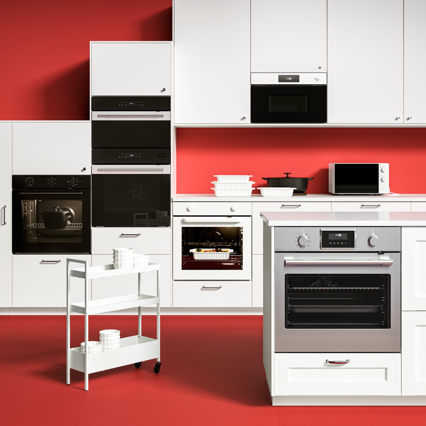 Verschiedene Arten von Öfen, Mikrowellen und Kombiöfen sind in einer weißen Küche vor einem dunkelroten Hintergrund montiert.