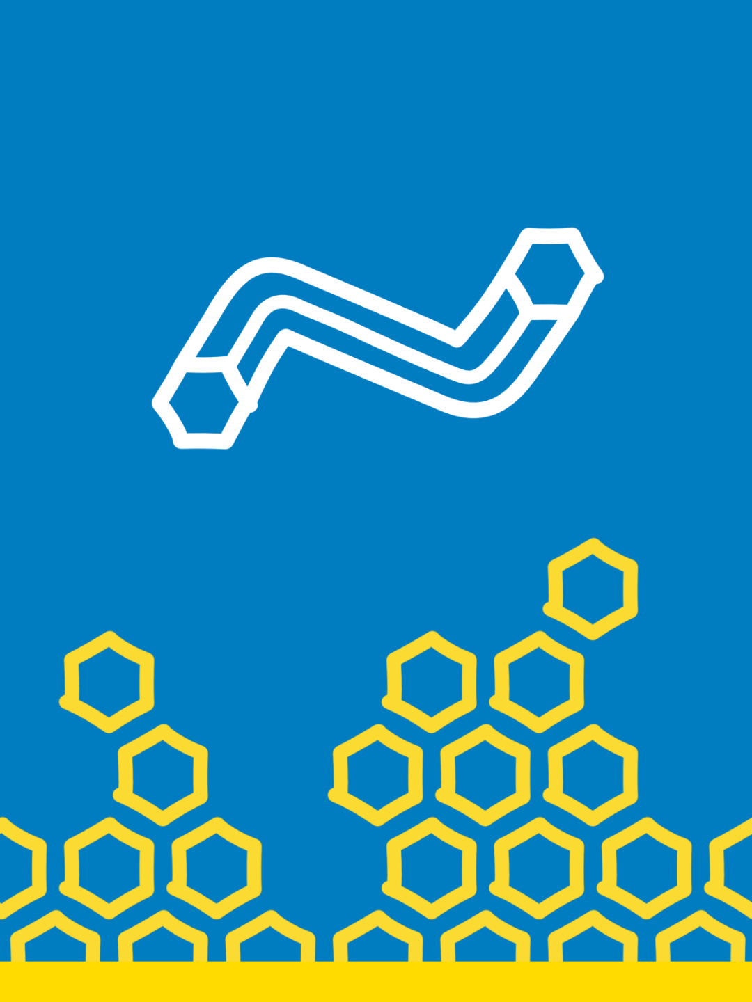 Graphique abstrait avec un fond bleu, une ligne blanche en zigzag reliant deux hexagones en haut, et un motif d’hexagones jaunes en bas.