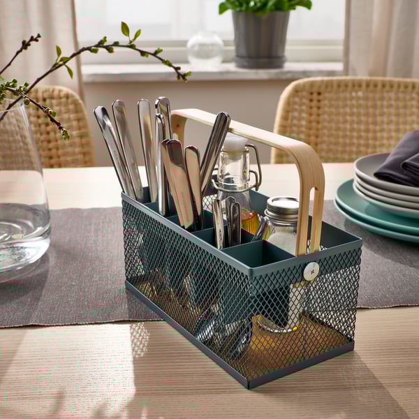 A bamboo/grey-turquoise VIMPELFISK cutlery holder
