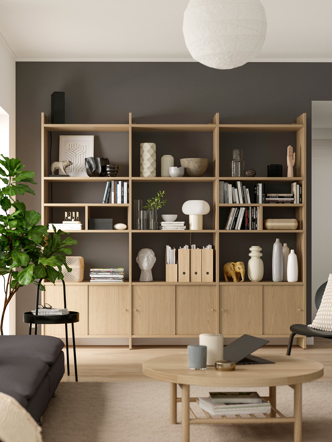 A with 2 shelf inserts/oak effect LÅDMAKARE storage combination w sliding doors in the living room