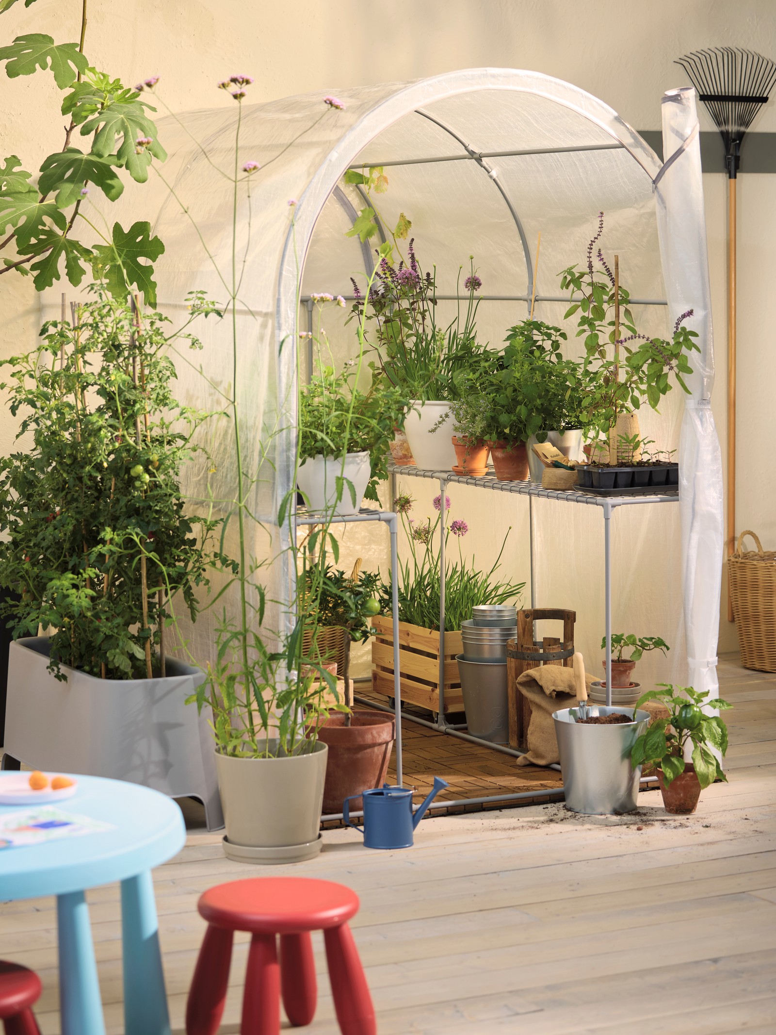 חממת ASPAREN שקופה ולבנה בעלת מבנה פלדה מכוסה בבד פוליאסטר מלאה בצמחים.