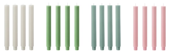 Kollagebild på fyra olike fyrpack ljus i beige, grön, blå och rosa mot vit bakgrund.