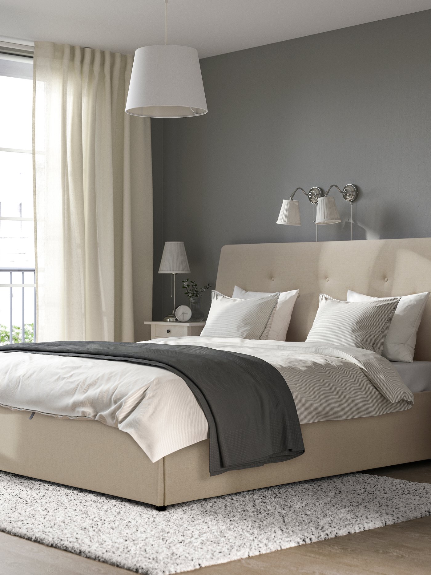 Béžová čalúnená posteľ IDANÄS Naggen