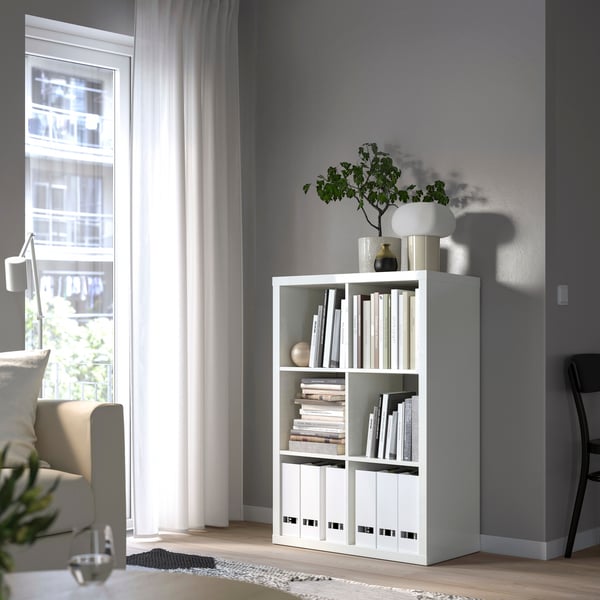 A white KALLAX shelving unit