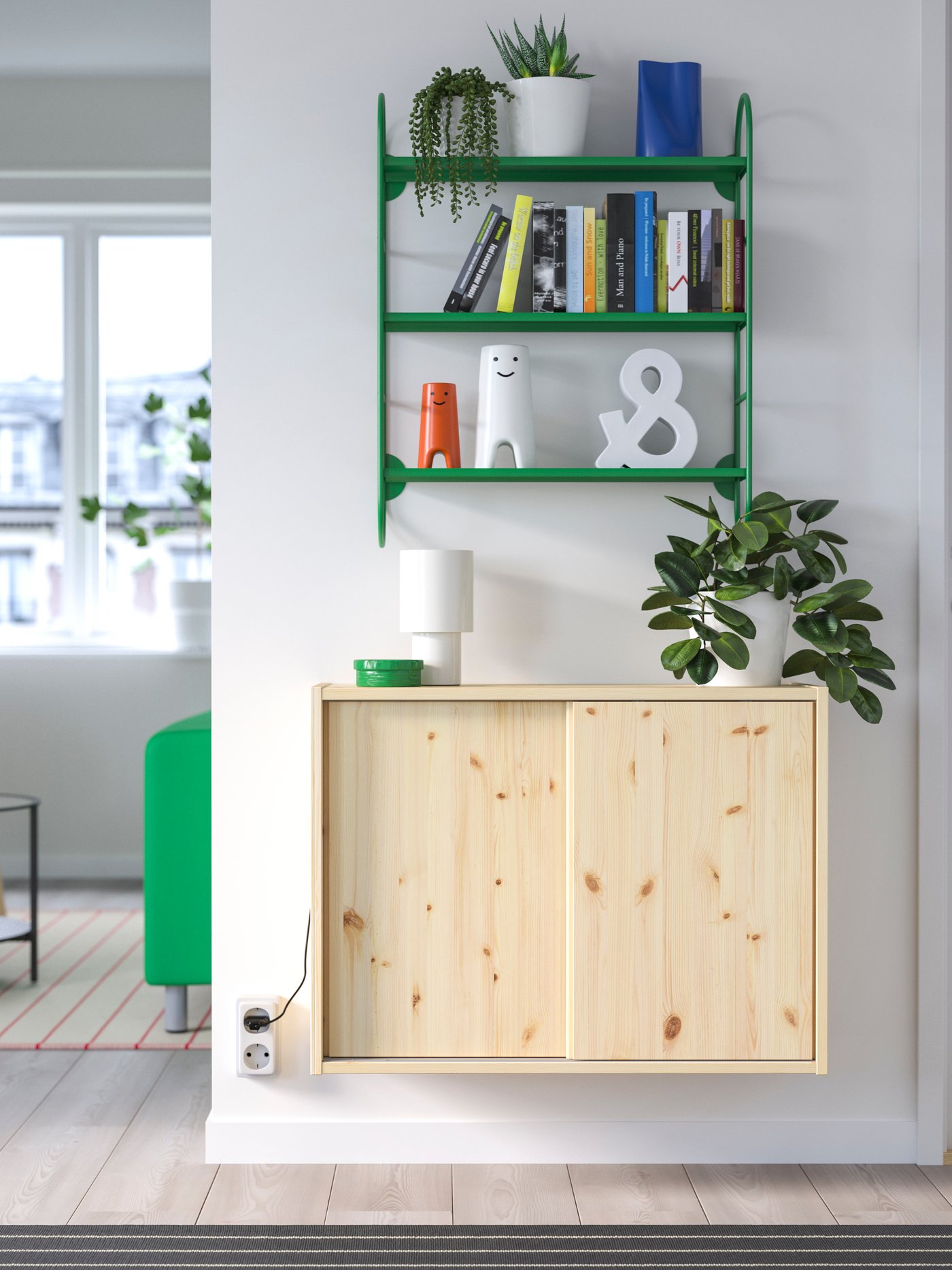 Green wall shelf with pine storage cabinet beneath