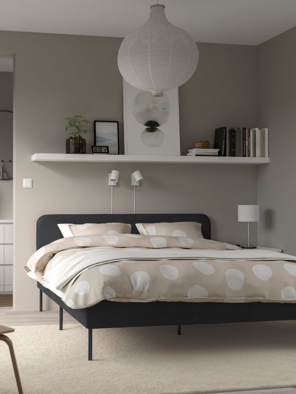 A Vissle dark grey SLATTUM upholstered bed frame