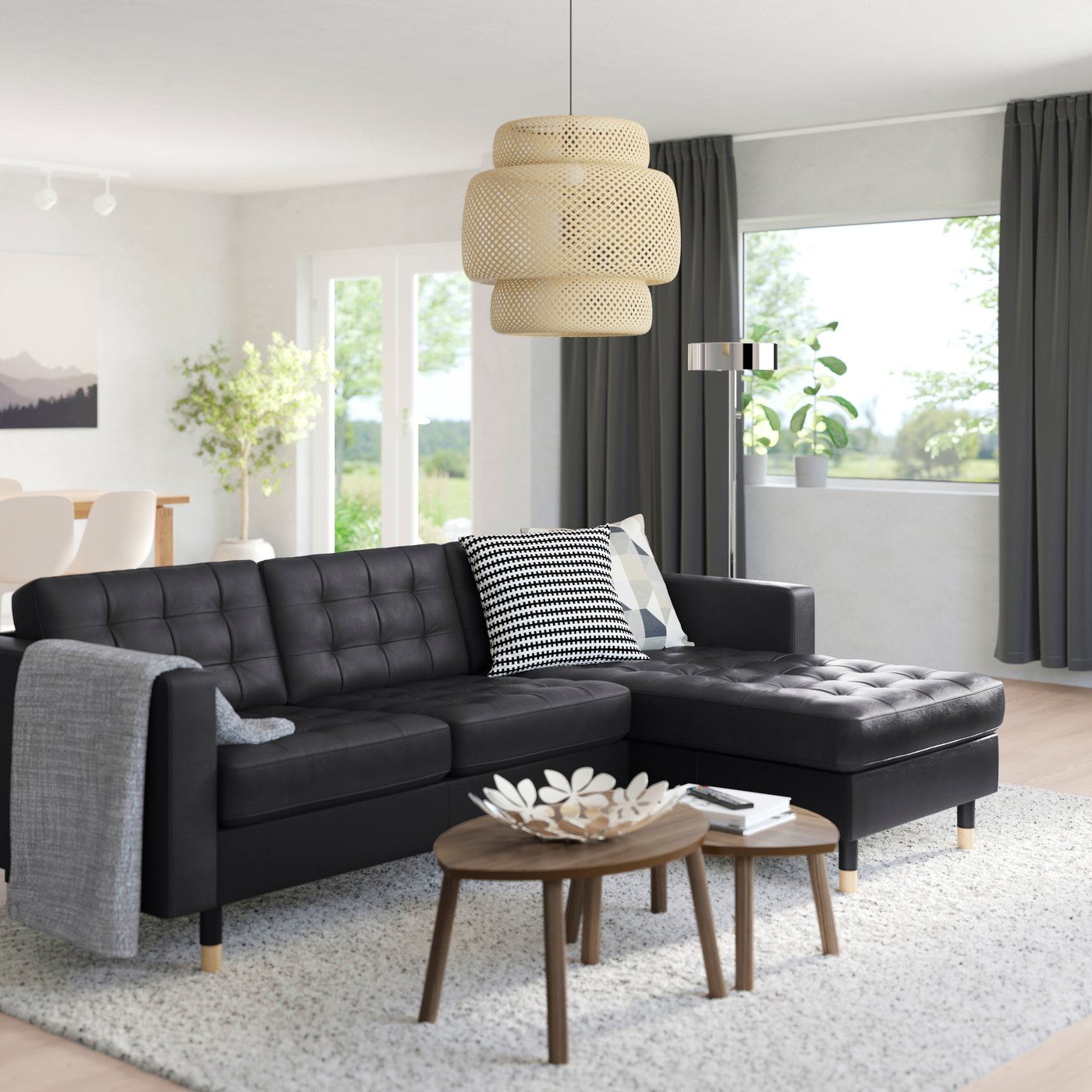 A with chaise longue/Grann/Bomstad black/wood MORABO 3-seat sofa
