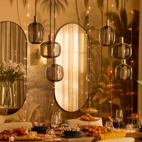 A nickel-plated/grey glass HÖGVIND pendant lamp with 3 lamps
