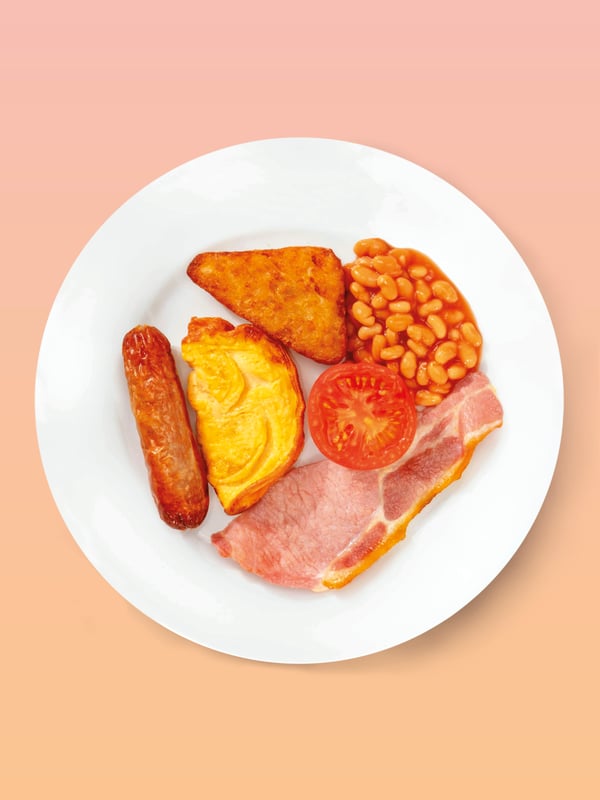 A 6 piece breakfast on a white plate