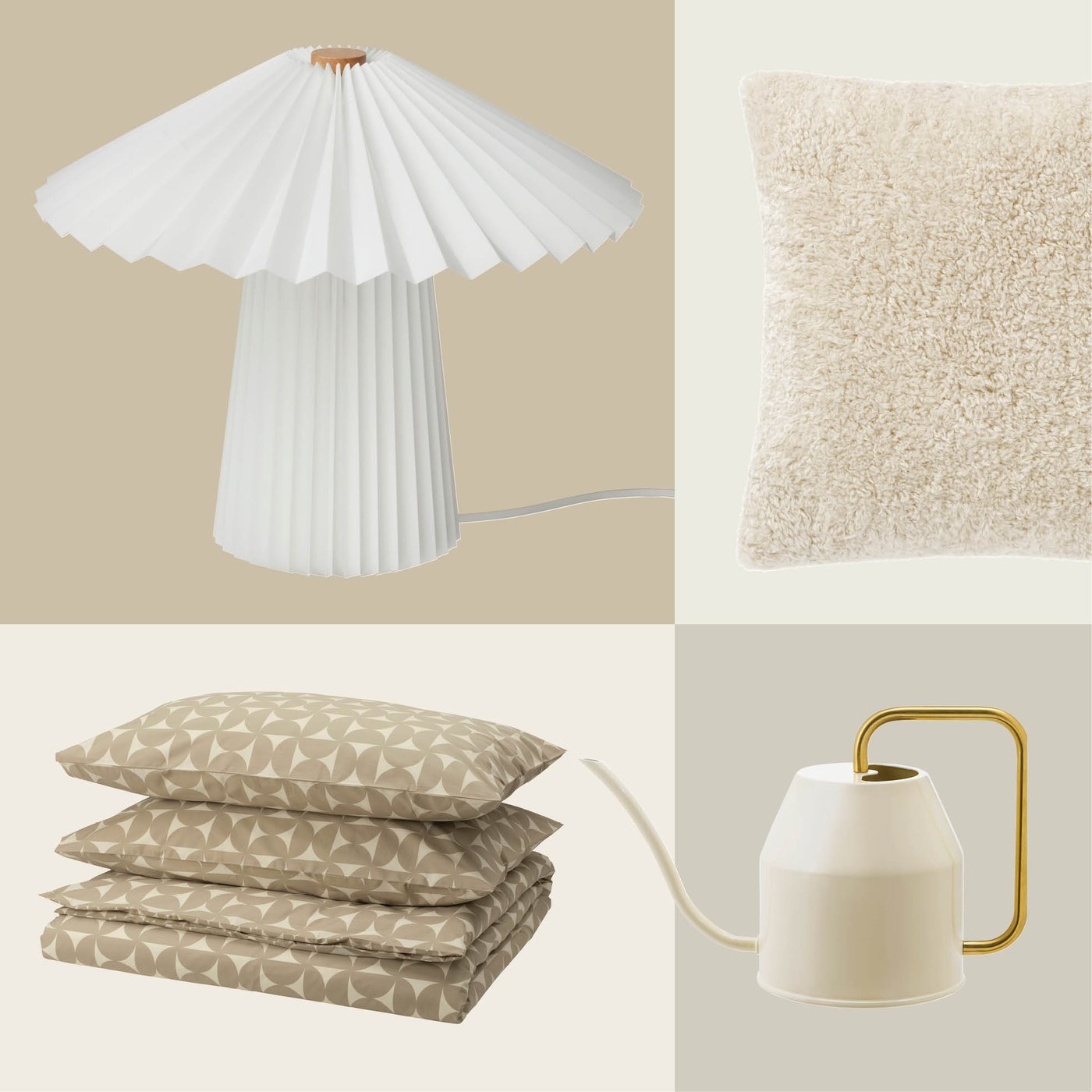 A beige textured cushion, geometric IKEA bedding, a white pleated lamp and a cream watering can with a gold handle come together to create a calm and stylish bedroom aesthetic.