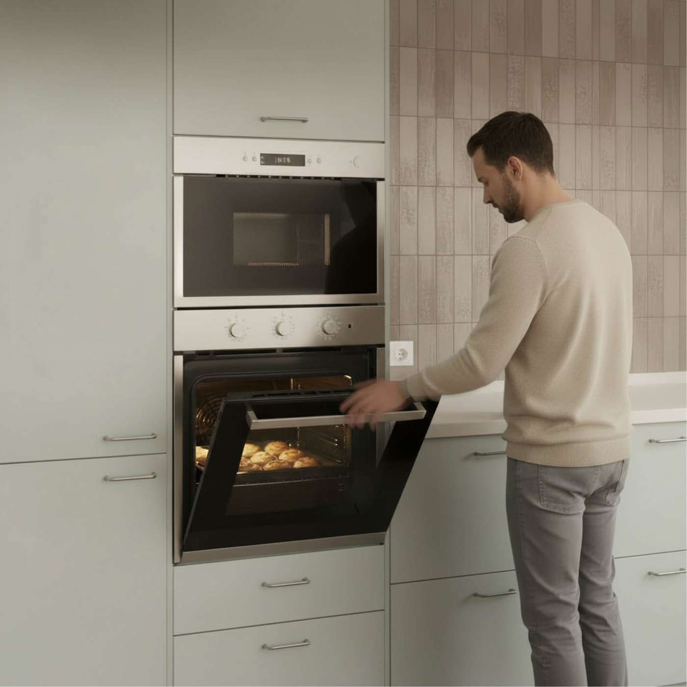 a man is opening a MATALSKARE oven in an ASPUDDEN kitchen
