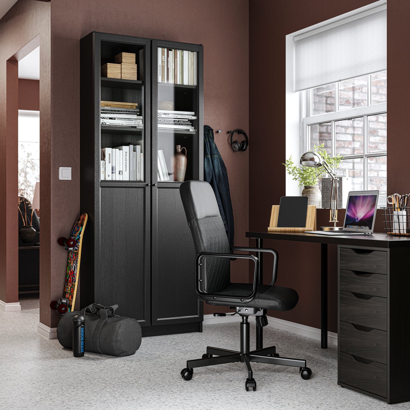 A black oak effect BILLY bookcase with panel/glass doors