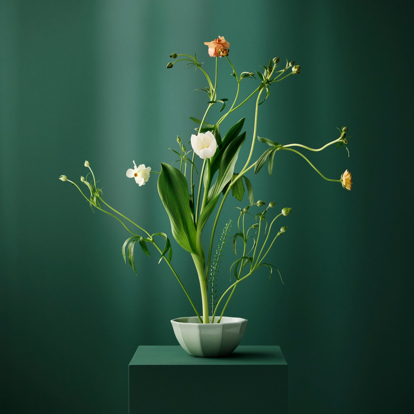 An ikebana-inspired flower arrangement is in a pale grey-green STRIMMIG bowl on a green pedestal, against a green wall.