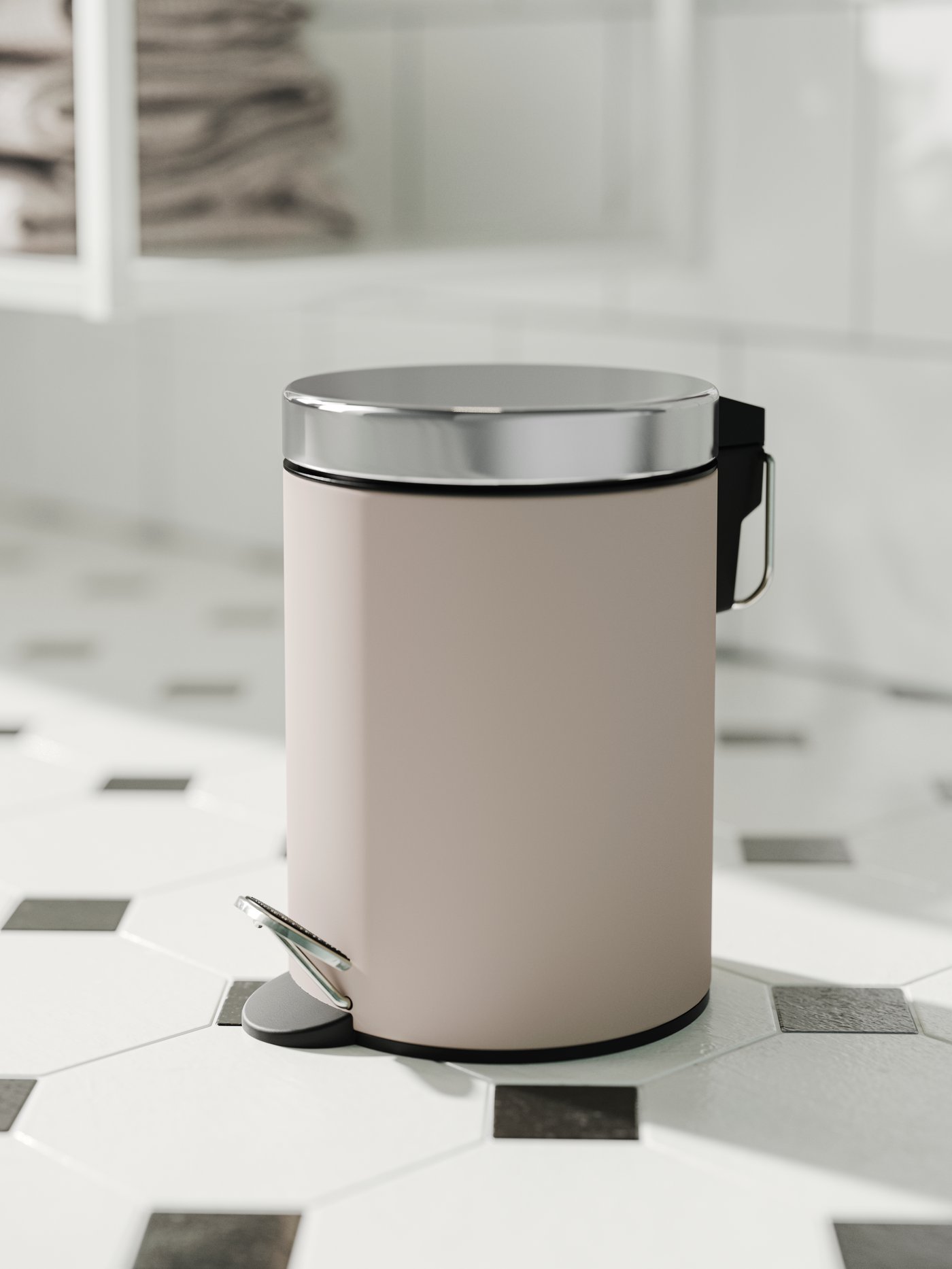 A beige EKOLN waste bin in the bathroom