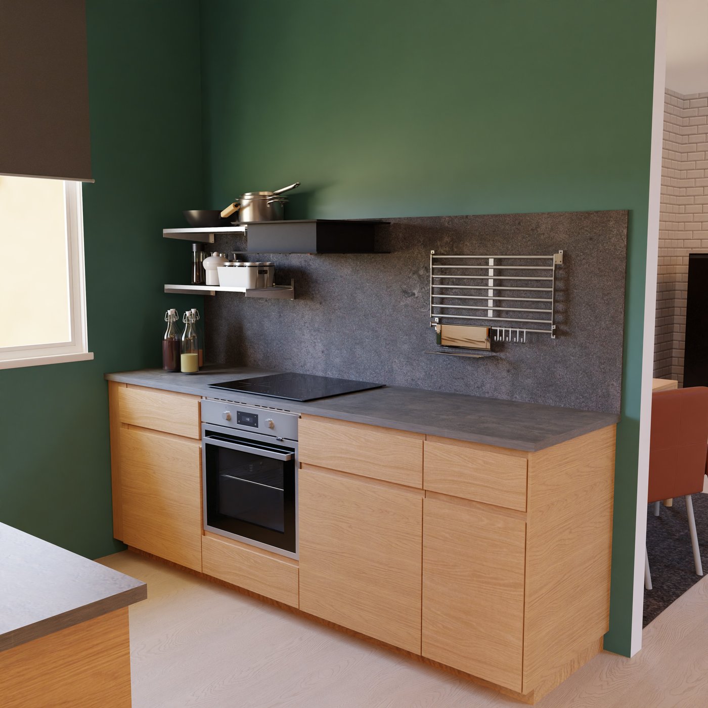 Moderne Küche mit hellen Holzschränken, dunkler Arbeitsplatte, Ofen, Herd, Regalen und Fenster an grüner Wand.