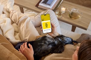 a woman checking her Hej points on a couch