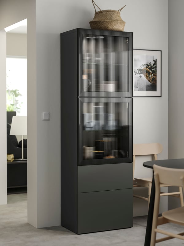 A dark grey Lappviken/Fällsvik anthracite BESTÅ storage combination w glass doors