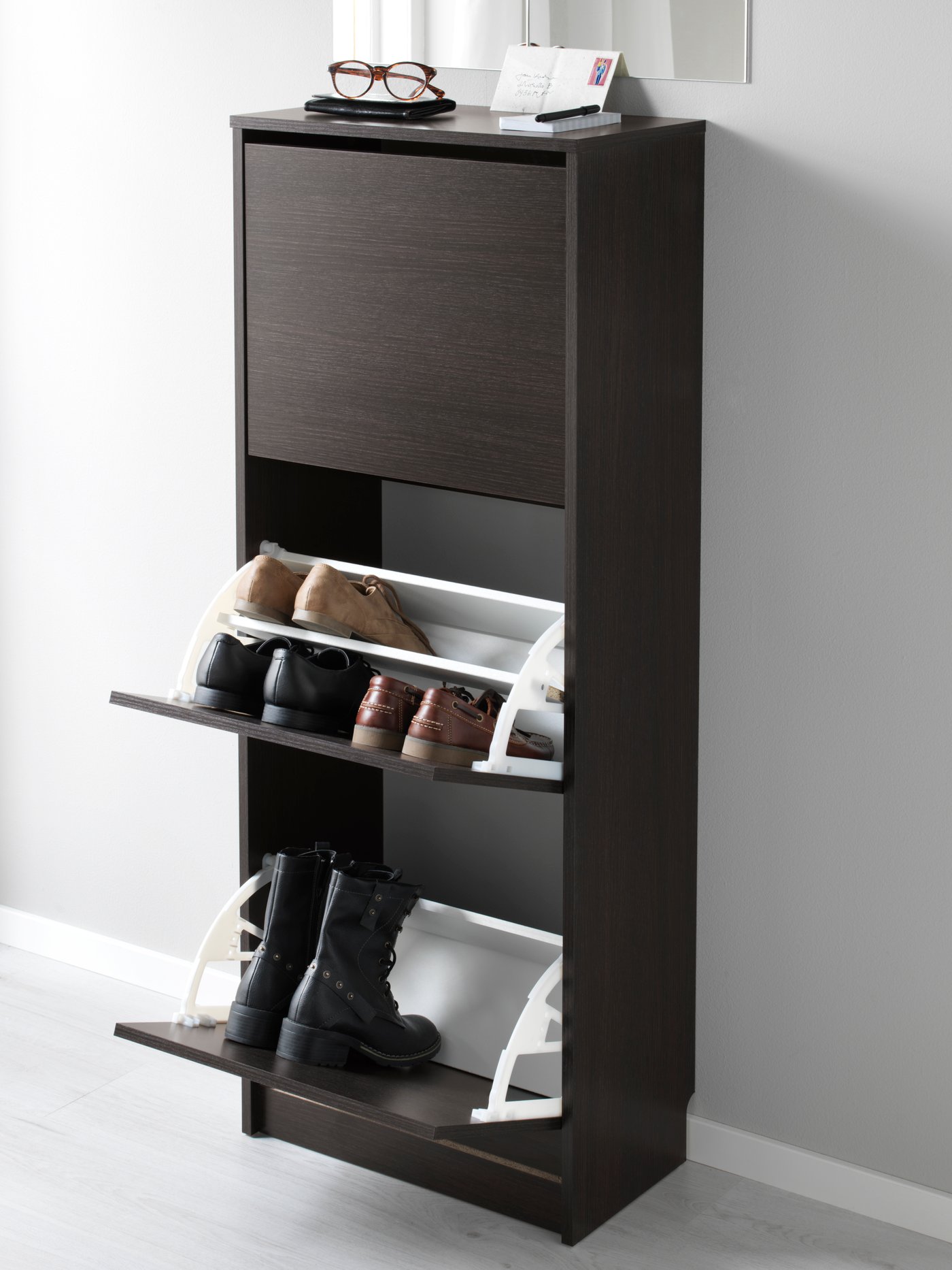 A black/brown BISSA shoe cabinet with 3 compartments