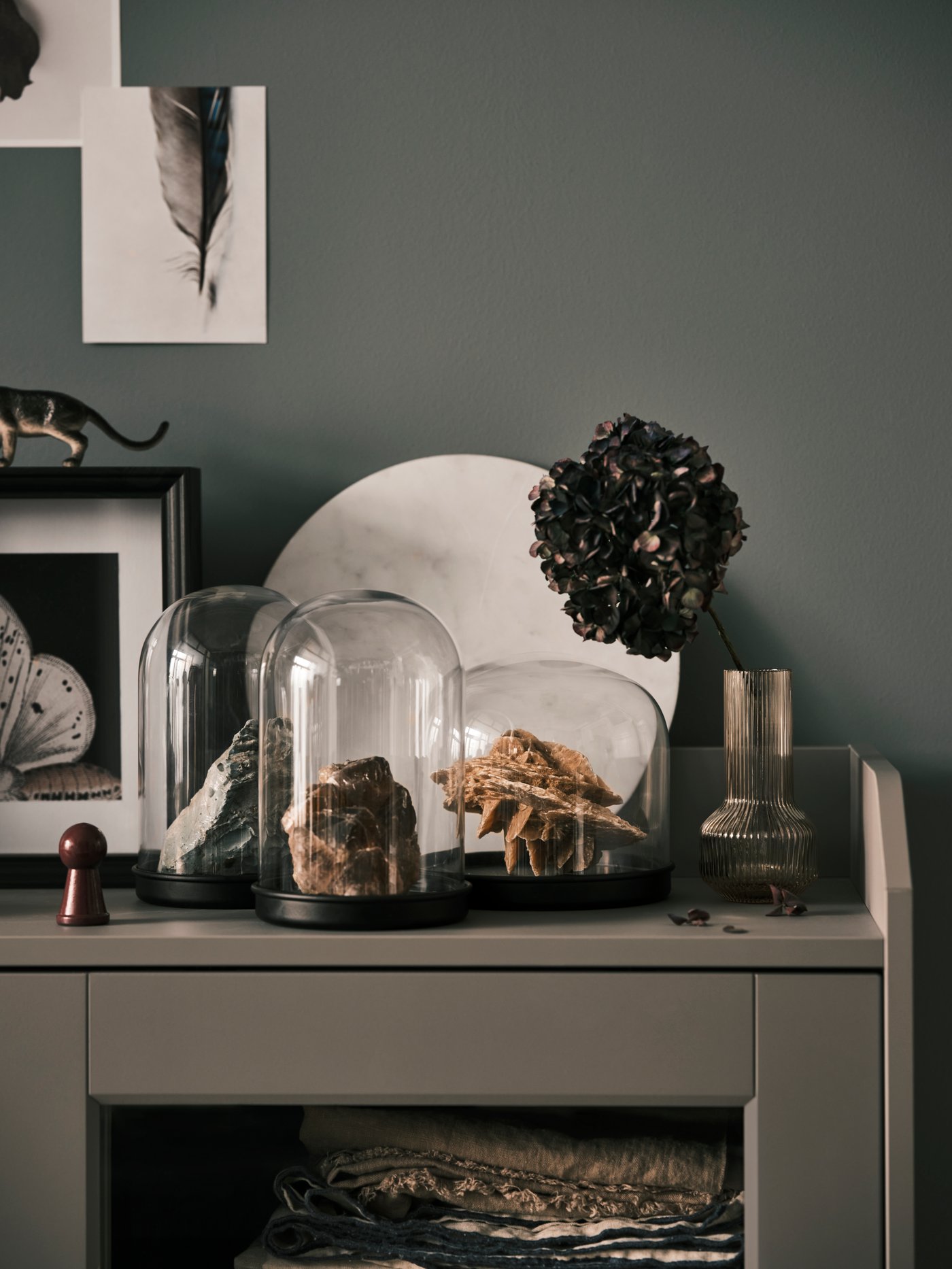 Des roches sont disposées dans des cloches de verre SKÖNJA. Ces dernières sont posées sur une vitrine HAUGA grise à côté d’un vase en verre pour fleurs.