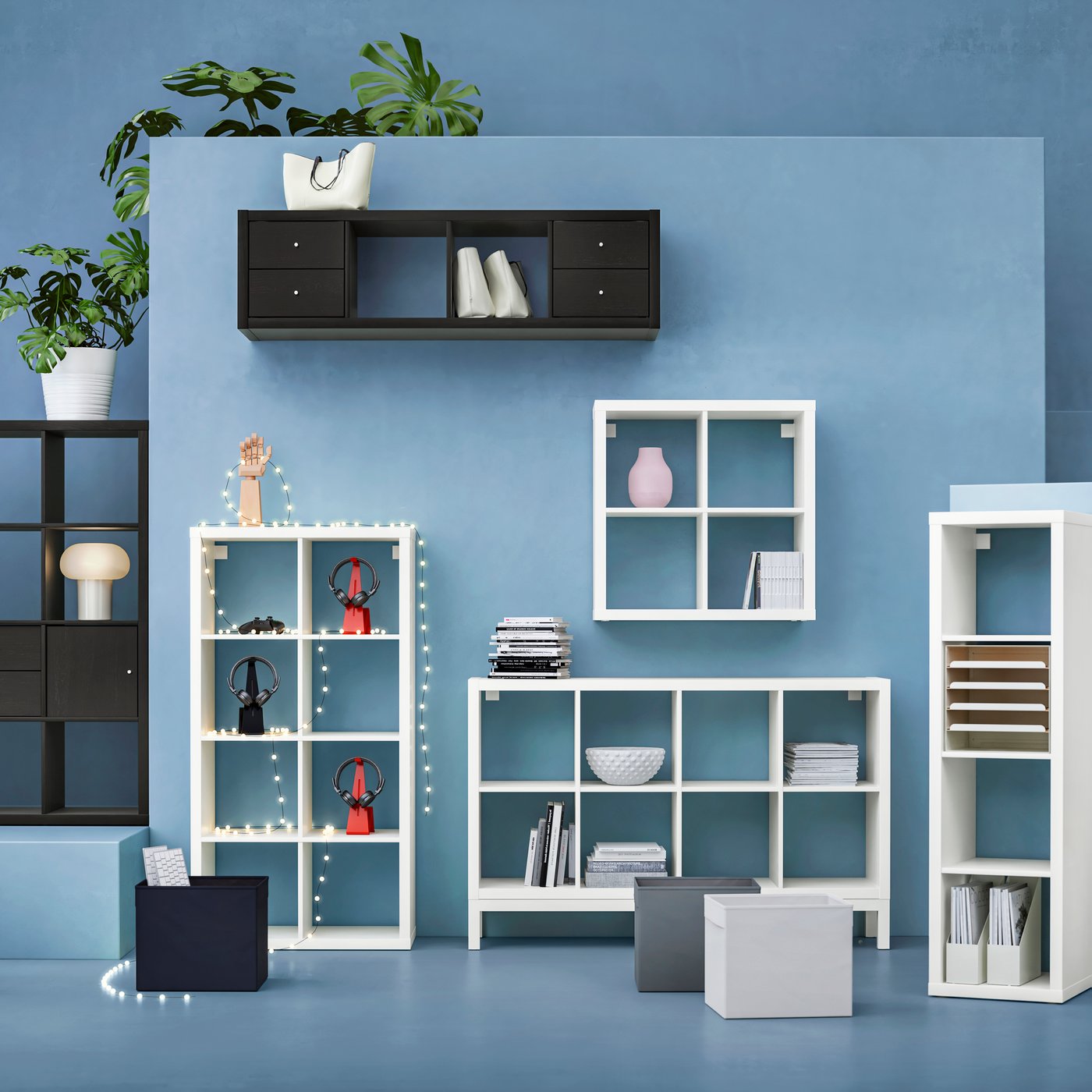 A white KALLAX shelving unit