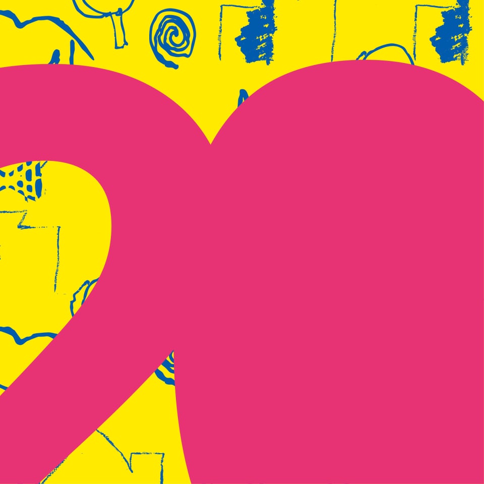 黄色の背景に青い落書き風イラストが散りばめられ、その上に大きな数字の20が見えるカラフルなグラフィックデザイン