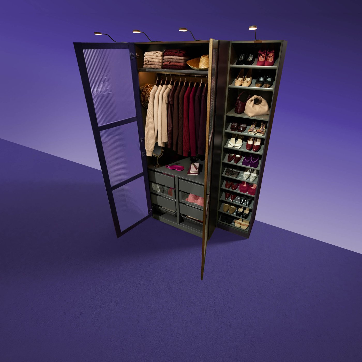 A full PAX wardrobe solution stood in studio lighting, the doors open, showing off the organised interior.