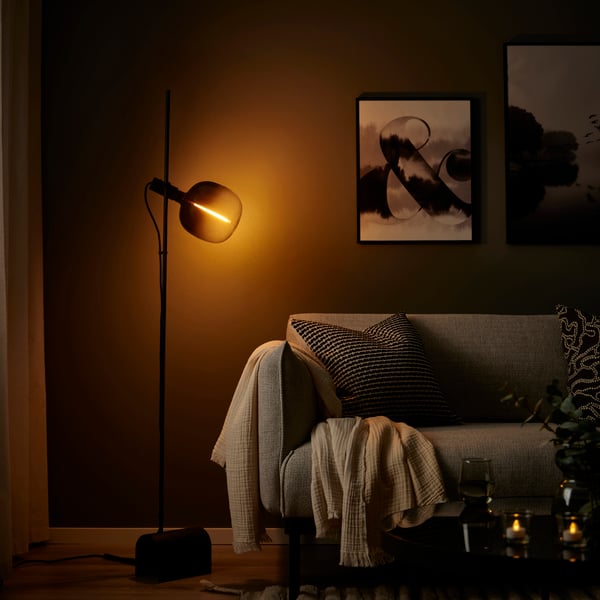 MOLNART LED bulb E27 200 lumen, tube-shaped black/clear glass in the living room.