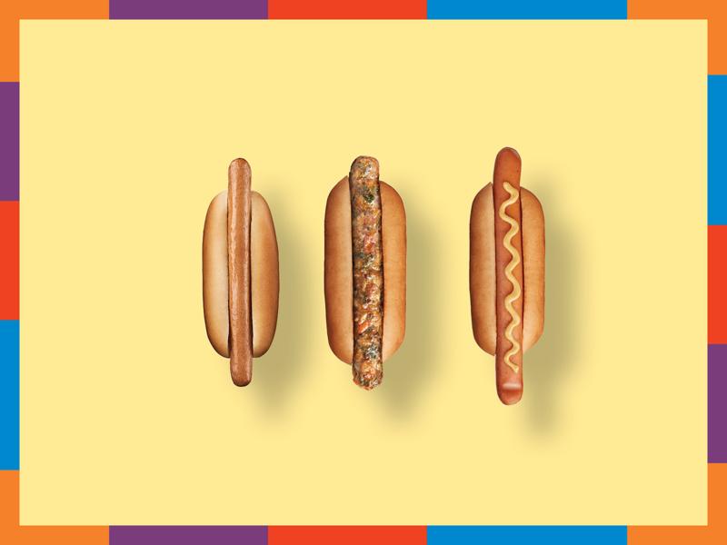 trois hot dog sur fond jaune et contour coloré