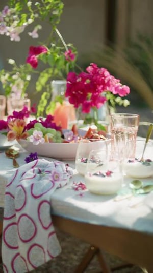 Mesa posta com pessoas a conviver