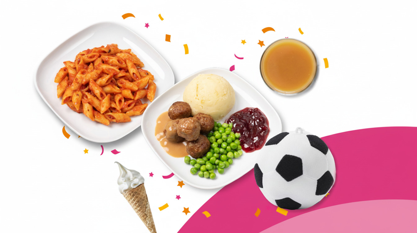 Immagine su sfondo bianco che mostra un menu per bambini, composto da un piatto di pasta al sugo, polpette e pure, succo, gelato e un pallone peluche come sorpresa.
