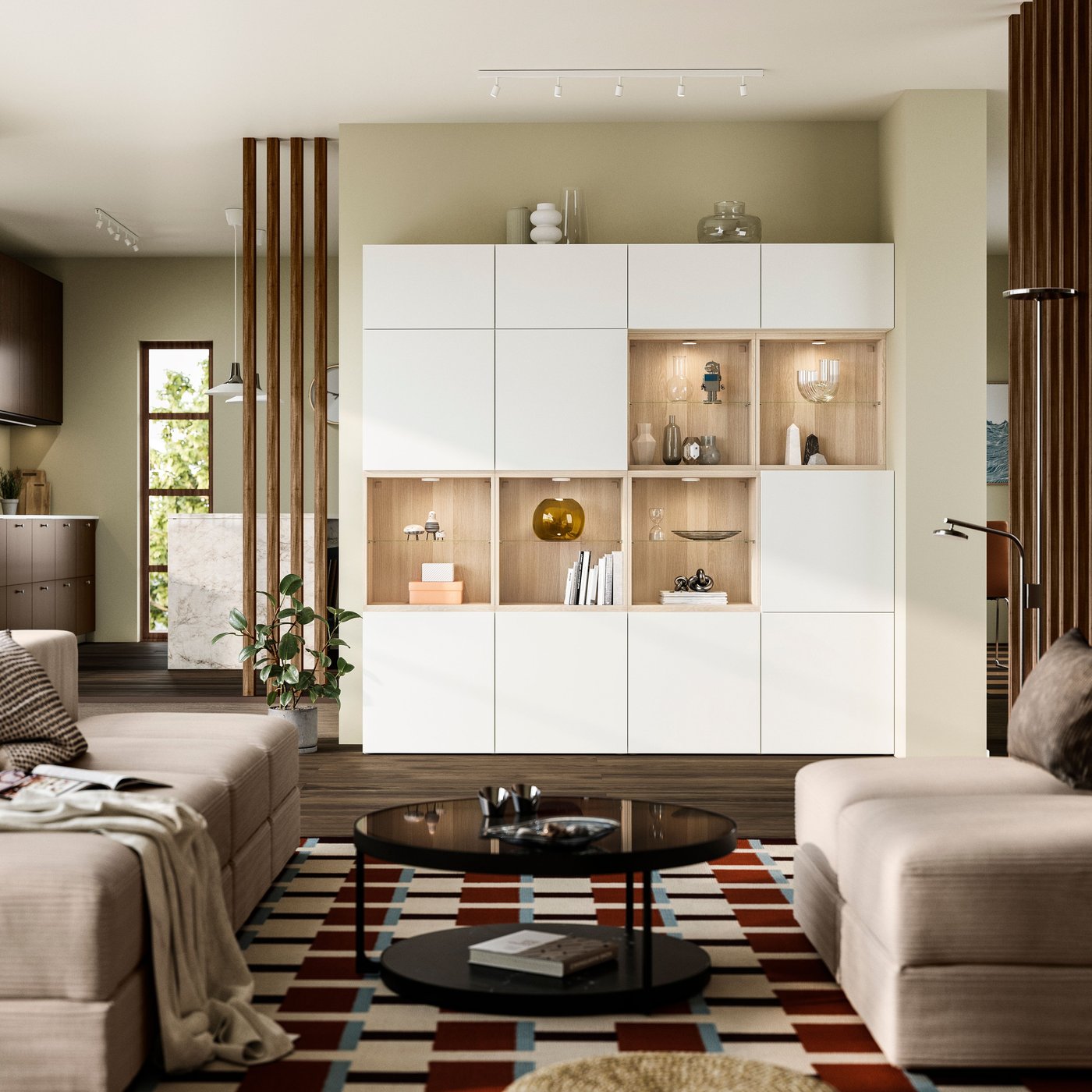 A white‑stained oak/Lappviken white BESTÅ storage combination with doors.