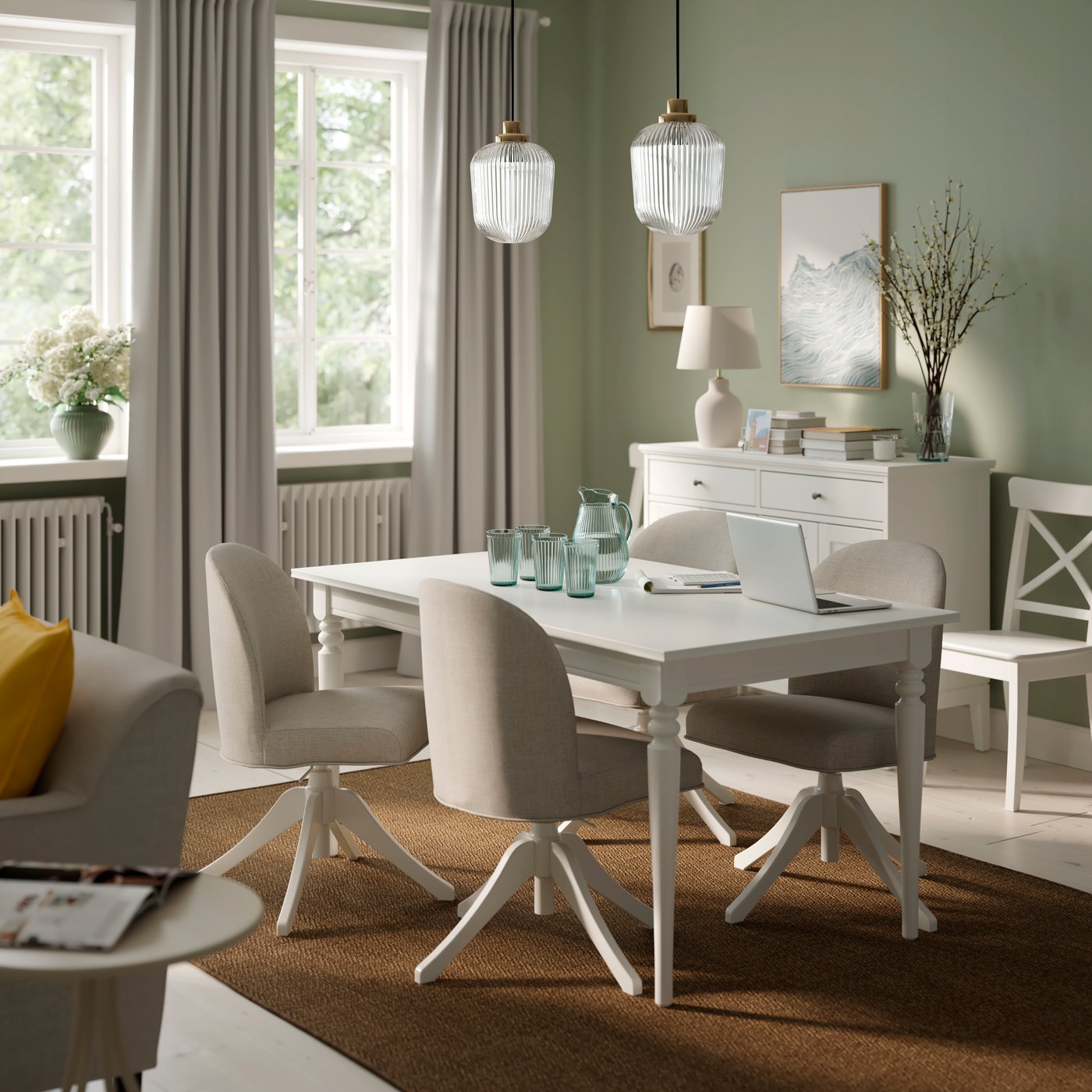 IKEA ROSENTORP / bord och 4 stolar, vit/vit kilanda ljusbeige, 155/215x87 cm