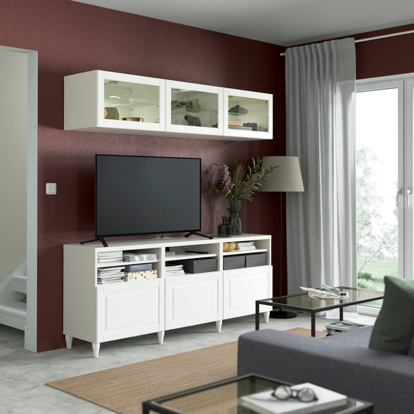 A white/Smeviken/Kabbarp white clear glass BESTÅ TV storage combination/glass doors