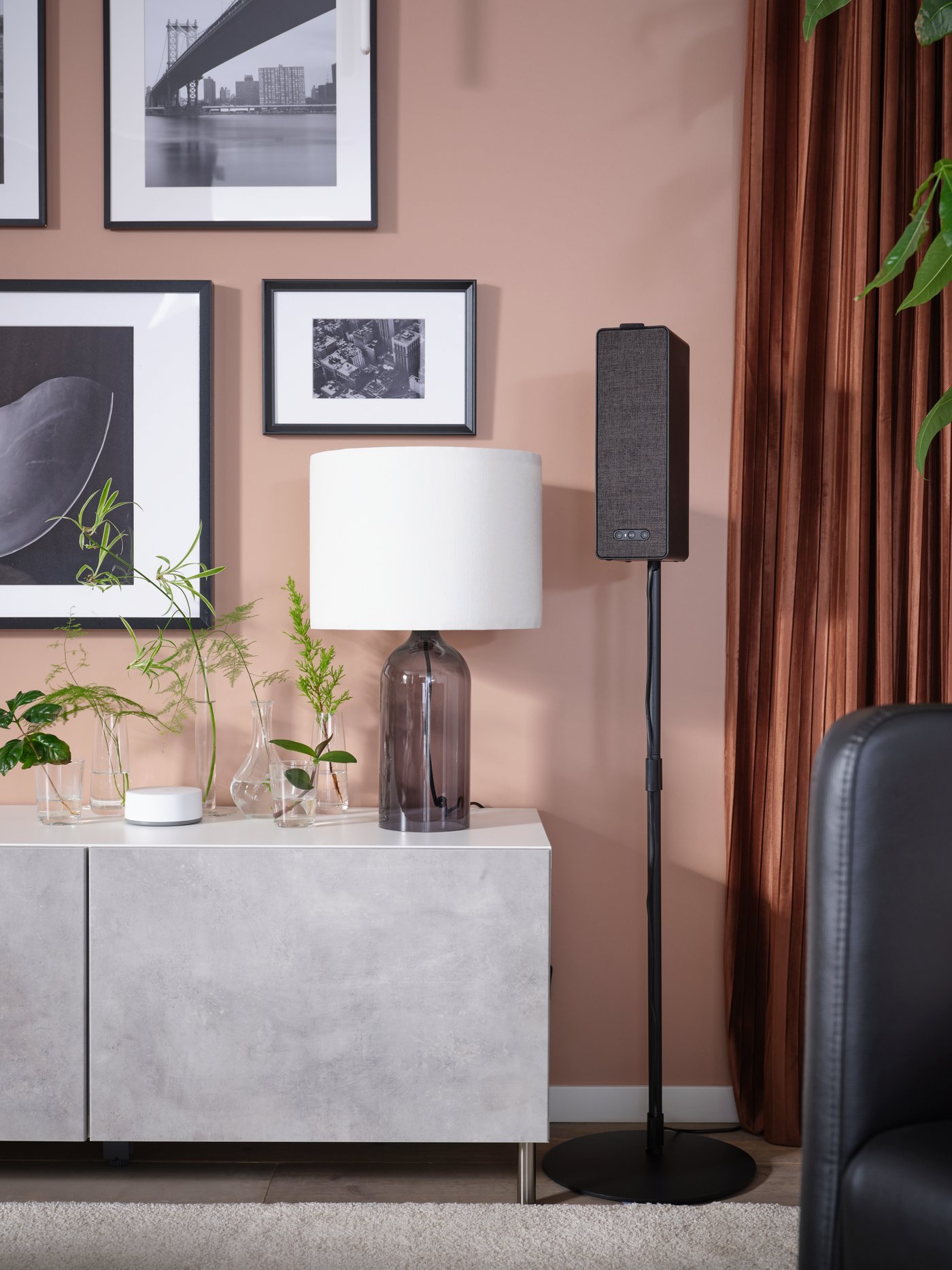 A WiFi bookshelf speaker on a floor stand, a TV bench with doors, framed artworks, plant cuttings in vases.