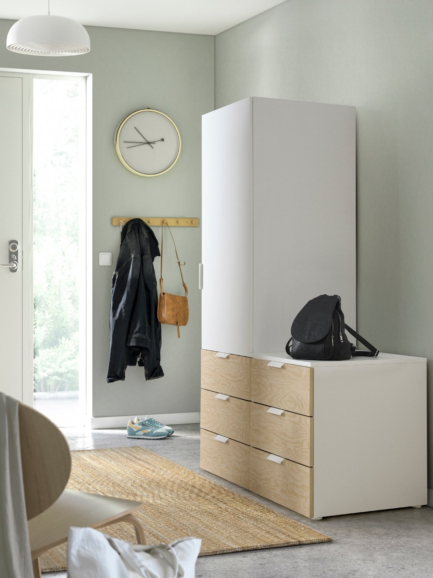 A white Kalbåden/lively pine effect FONNES white PLATSA wardrobe with 1 door and 6 drawers