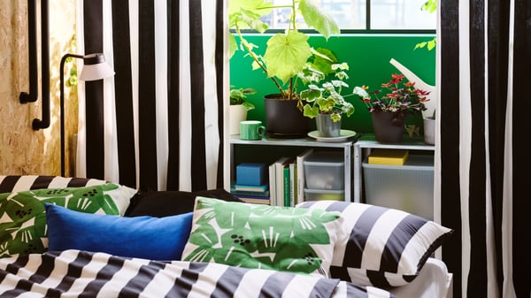 Plants in pots on a HYLLIS shelving unit in front of a window framed by a curtain made from VARGTÖREL pre-cut fabric.
