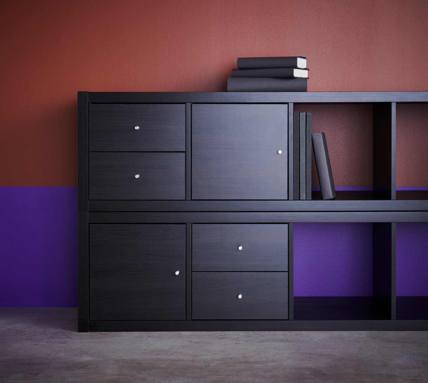 KALLAX open storage shelves used as tv bench or console in the living room