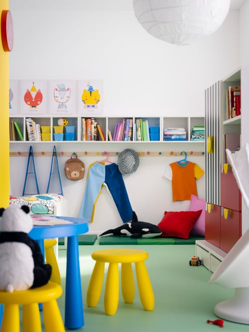 Baby and children room with 3 yellow MAMMUT childrens stools, a black KRAMIG soft toy and an IKEA PS LÖMSK swivel armchair.