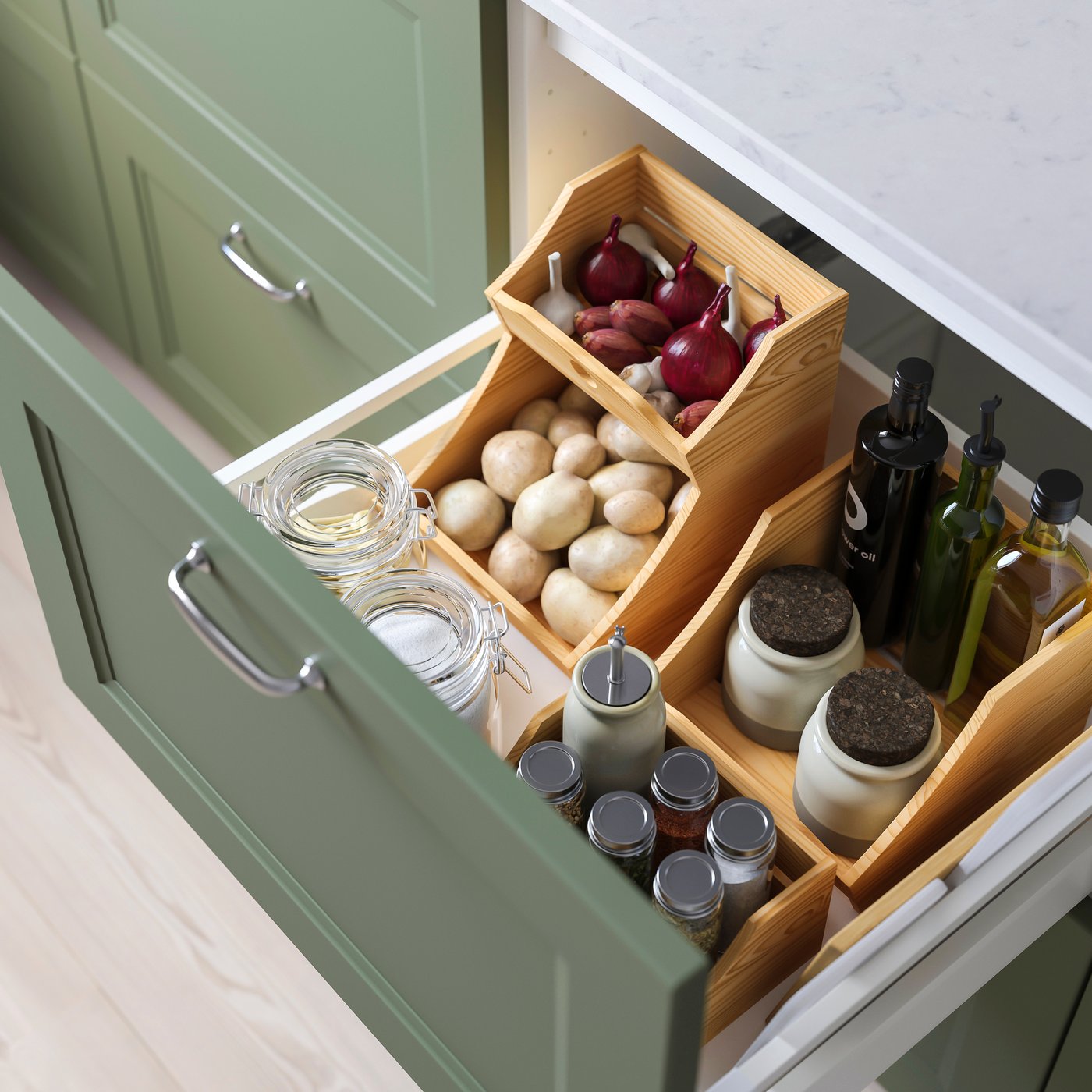 A wood CHOKLADHAJ kitchen countertop organiser
