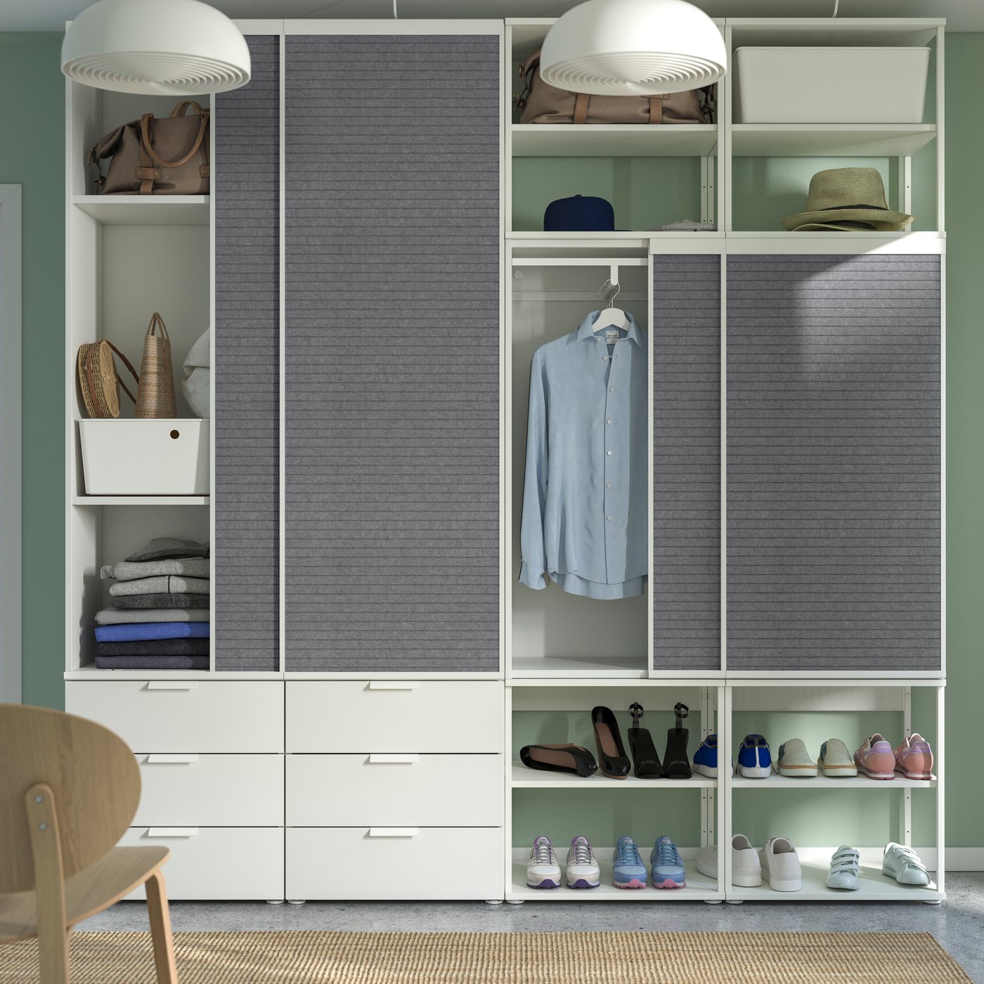 A white Larkollen/dark grey FONNES white PLATSA open wardrobe w 4 sliding drs+6 dr