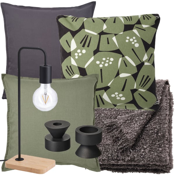 Kollagebild med tre kuddar i mörkgrå och mörkgrön förgskala, en mörkgrå filt, en svart bordslampa och svarta ljusstakar.