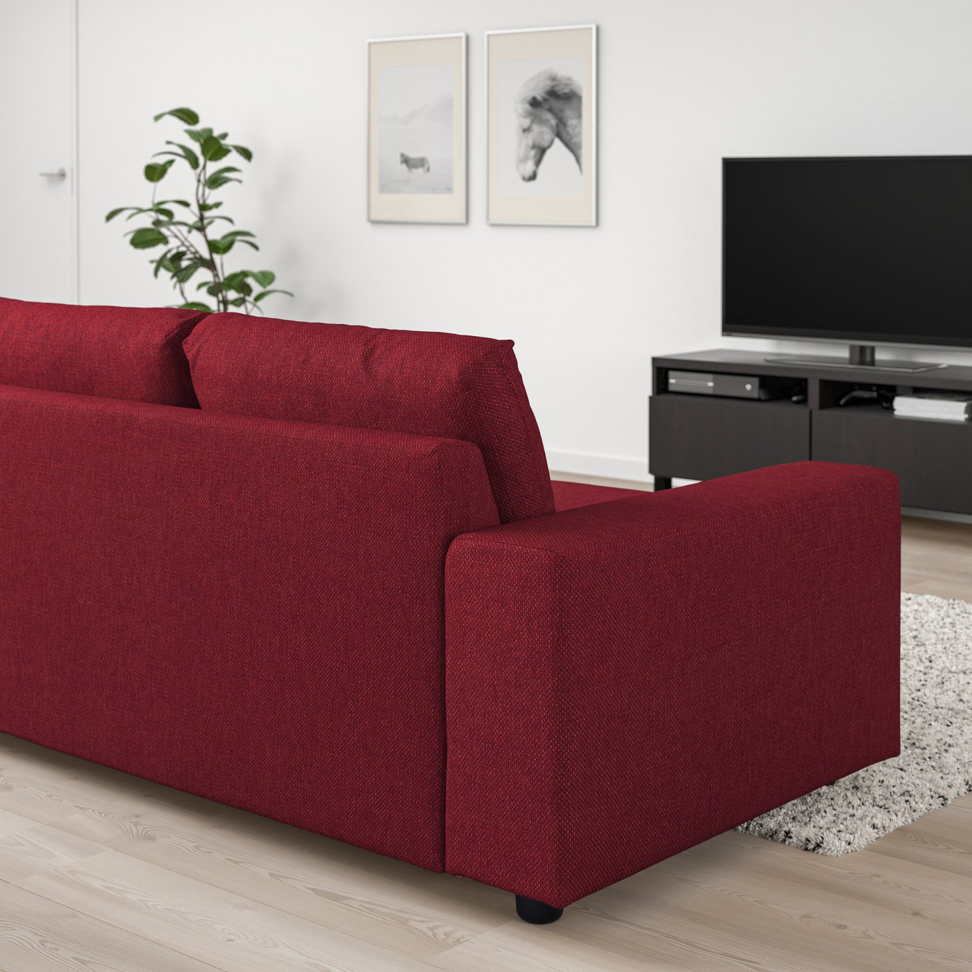 IKEA VIMLE 3-sitssoffa, med breda armstöd/lejde röd/brun